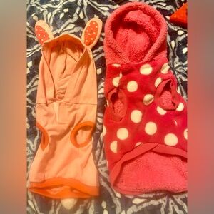 Cute Pink Dog Hoodies, one is a rabbit outfit, and the other is pink polka dots.